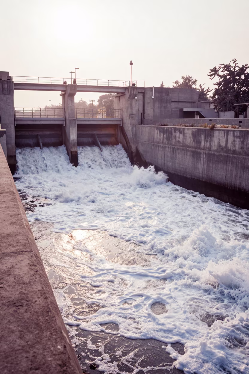 Foam Filled Sluice Gate Under Noon Fog in along a dam spillway in Islamabad