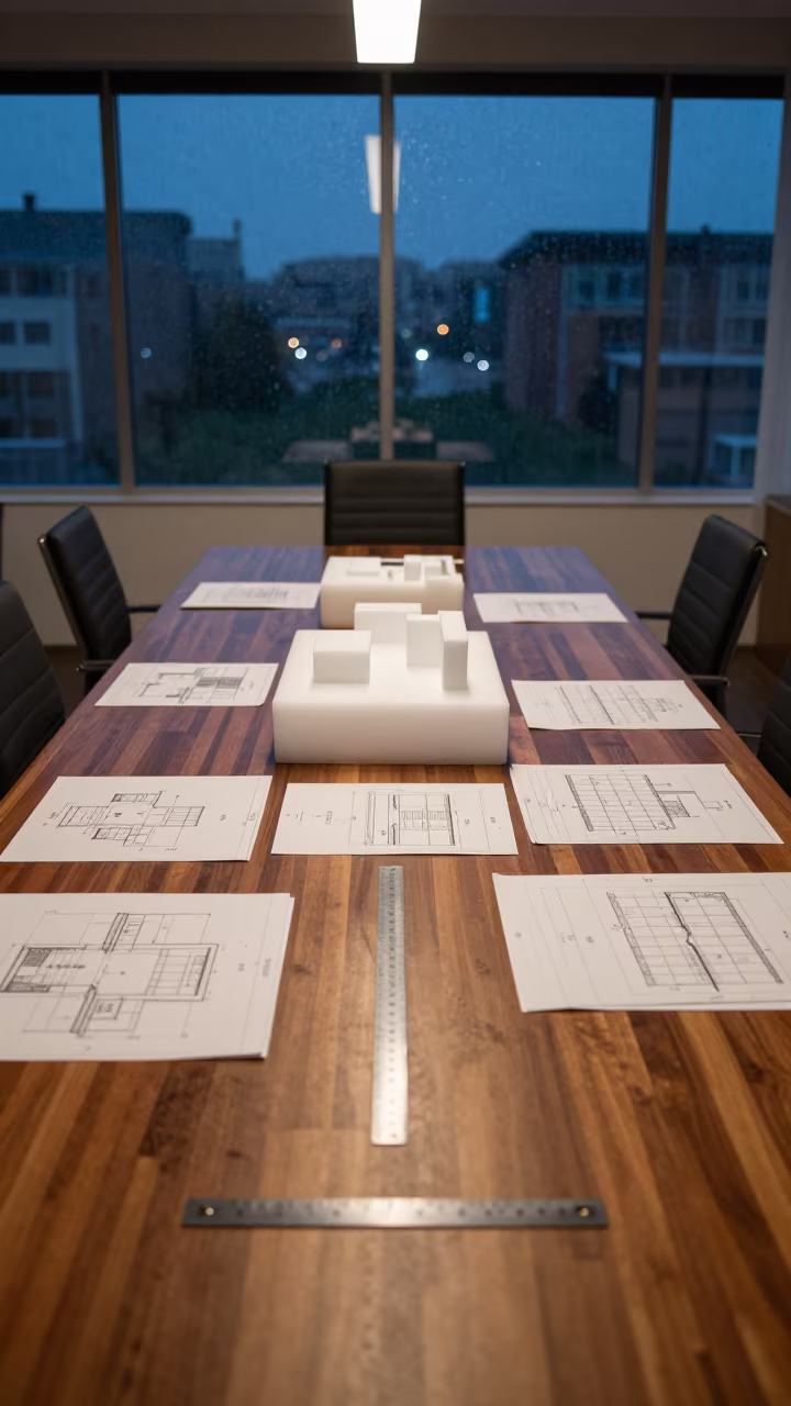 Foam Models and Rulers on Boardroom Table in at a boardroom table before a meeting in Hassan