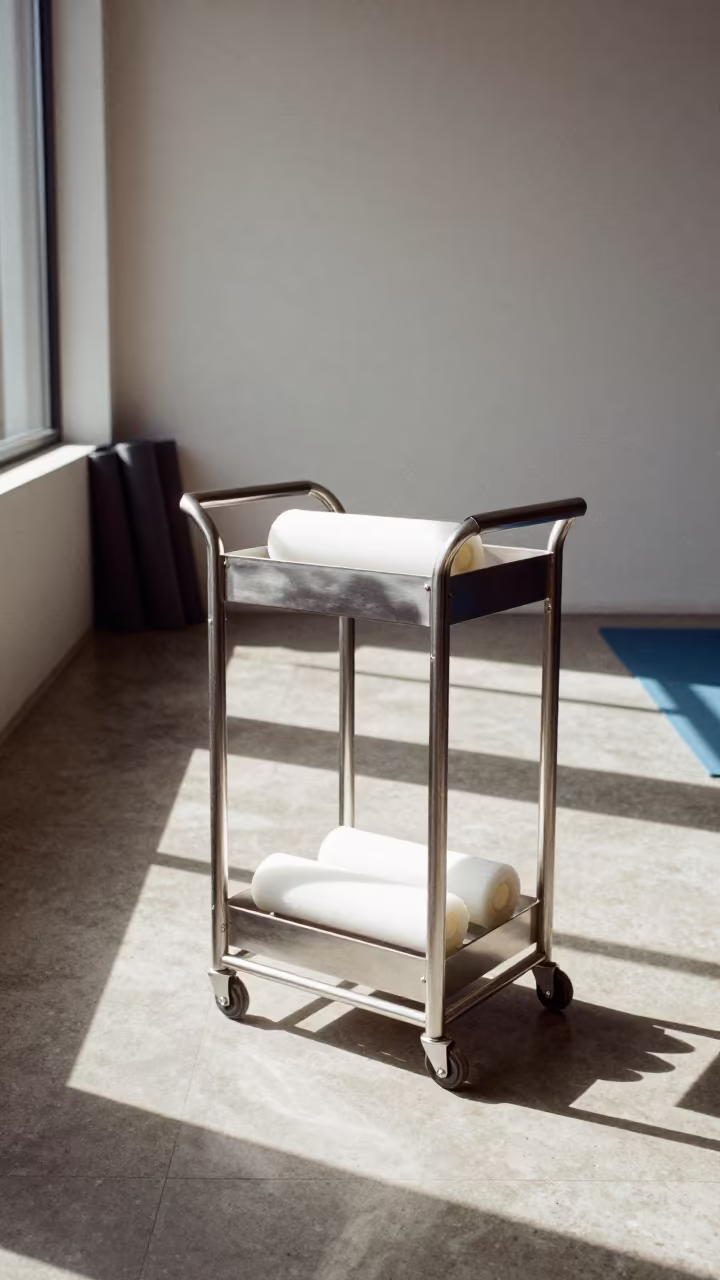 Foam Roller Cart in Midsummer Yoga Studio in inside a yoga studio before the session begins near Getafe