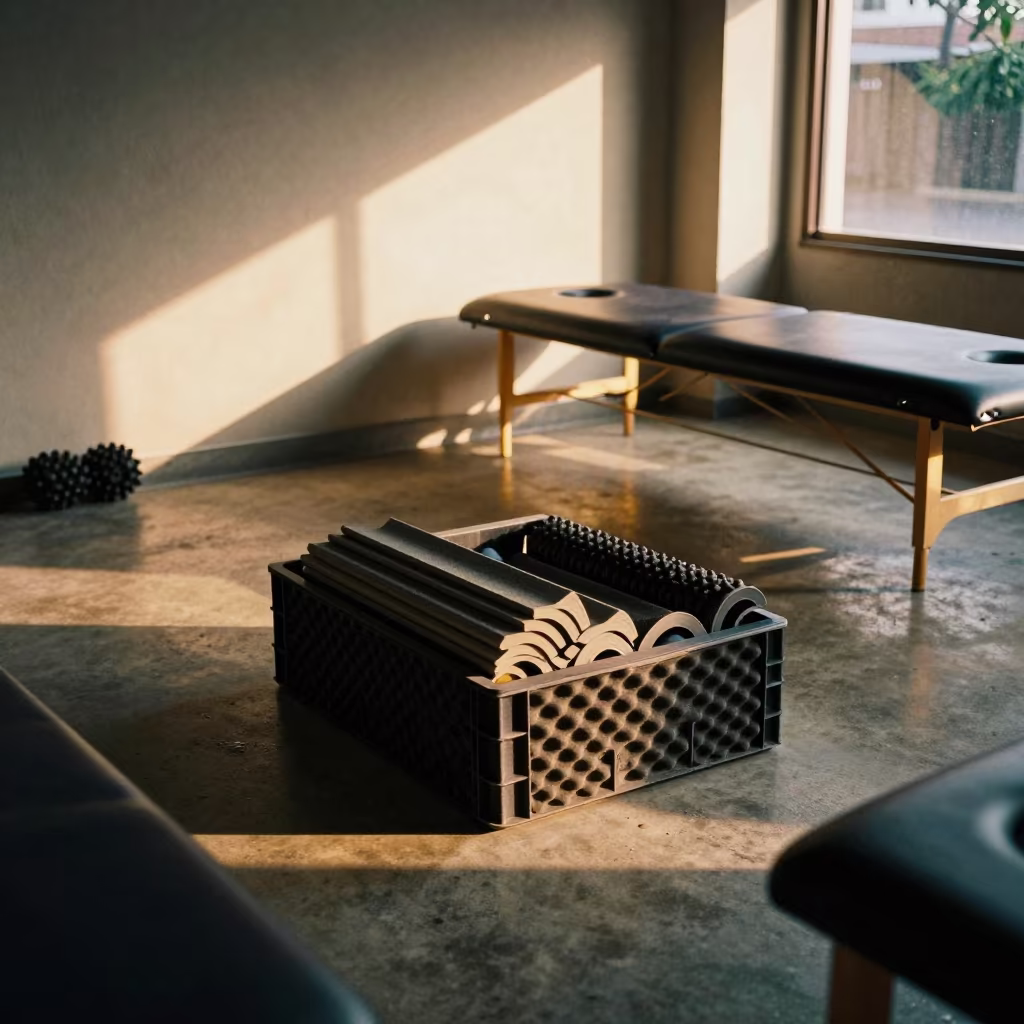 Foam Trim Crate and Rollers in Aizawl Lounge in inside a recovery lounge beside foam rollers in Aizawl