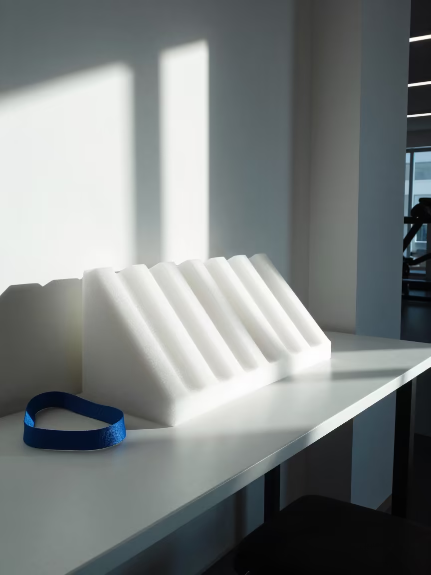Foam Wedge Rack on Gym Desk in Midmorning Light in at a gym check-in desk near Aba