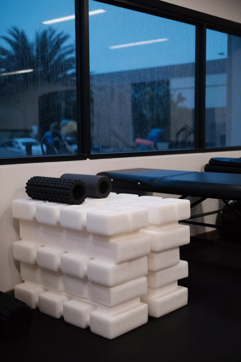 Foam Wedge Rack in Santa Cruz Recovery Lounge in inside a recovery lounge beside foam rollers in Santa Cruz de la Sierra