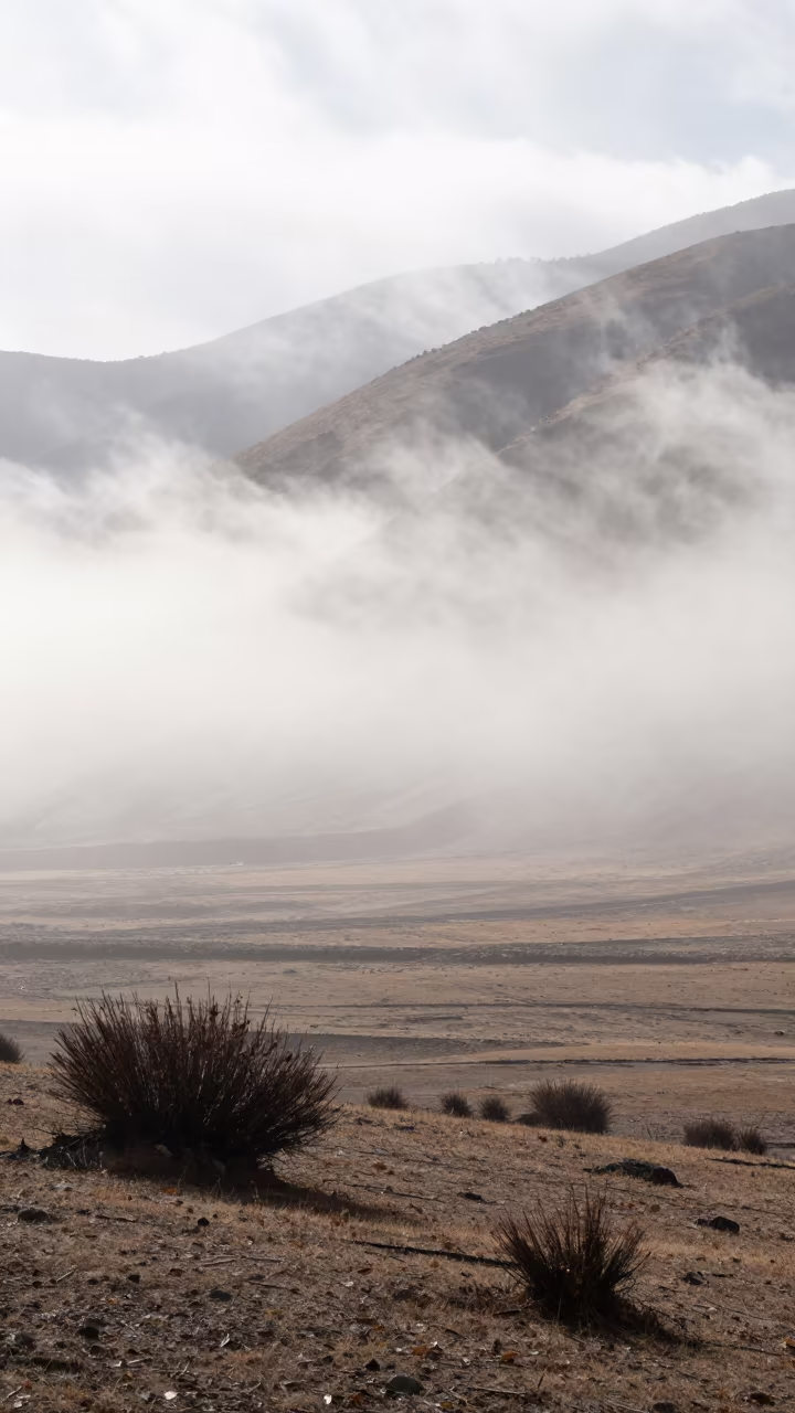 Fog Bank Rolling Over Tibetan Hills in across a storm-bright plain in Tibet