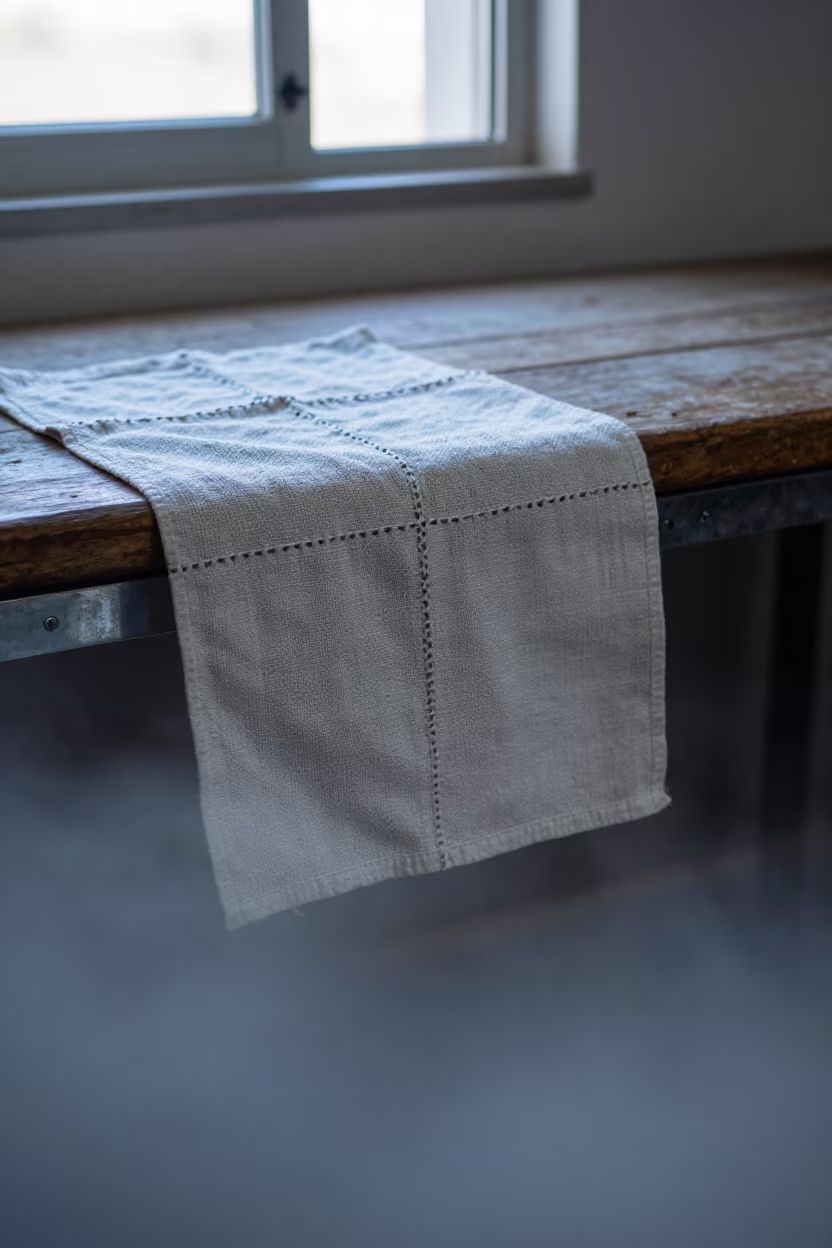 Fog Bench Tea Towel Detail in on a workshop shelf in New Borg El Arab