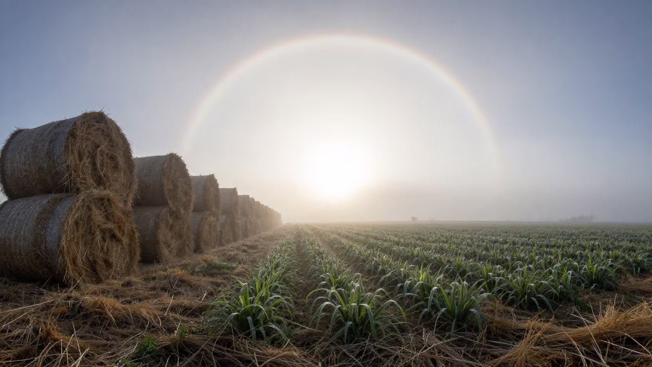 Fog Bow Over Dewy Farmland at Dawn Syria in beside stacked hay bales in Syria