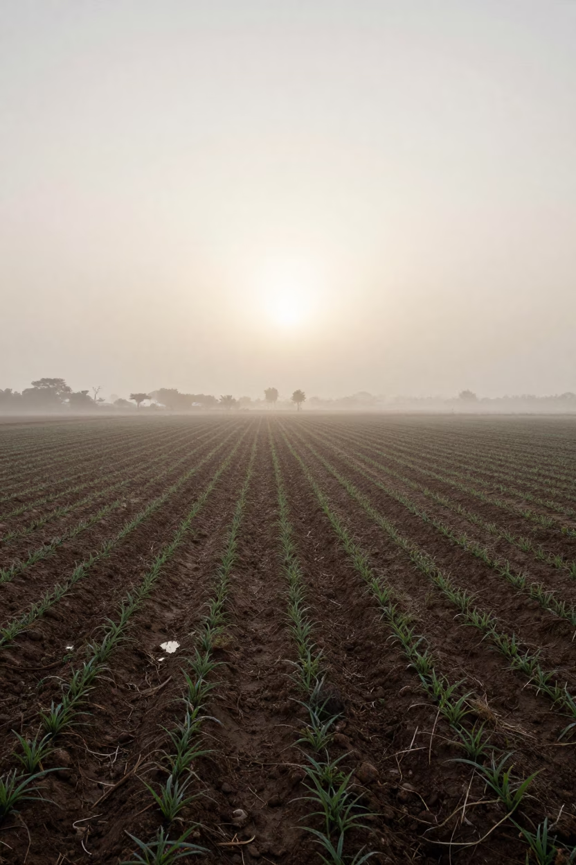 Fog Bow Over Dewy Farmland Senegal Dawn in along freshly irrigated rows in Senegal