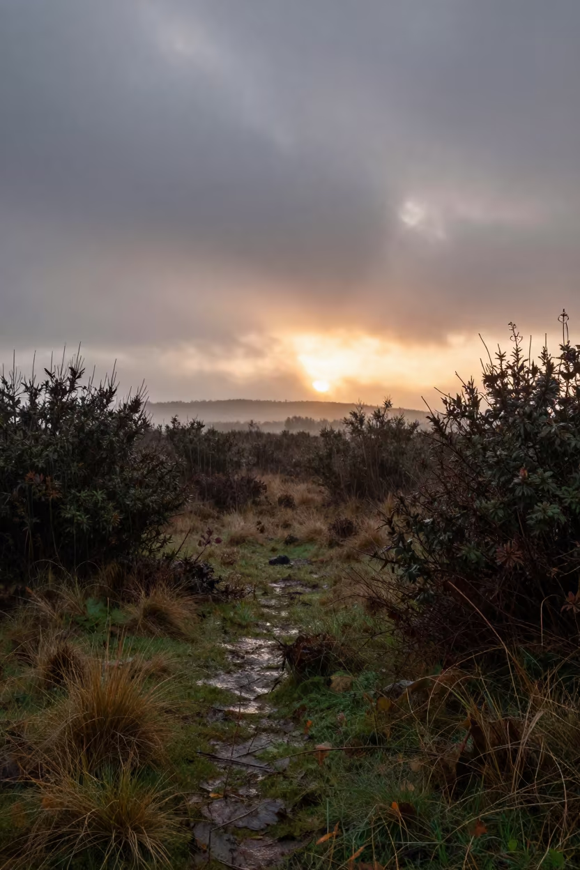 Fog Bow Over Madrid Moor at Sunset Rain in beneath fast-moving cloud bands near Madrid