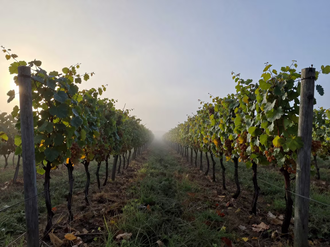 Fog Bow Over Vineyard Trellises at Dawn in between vineyard trellises near Pescara