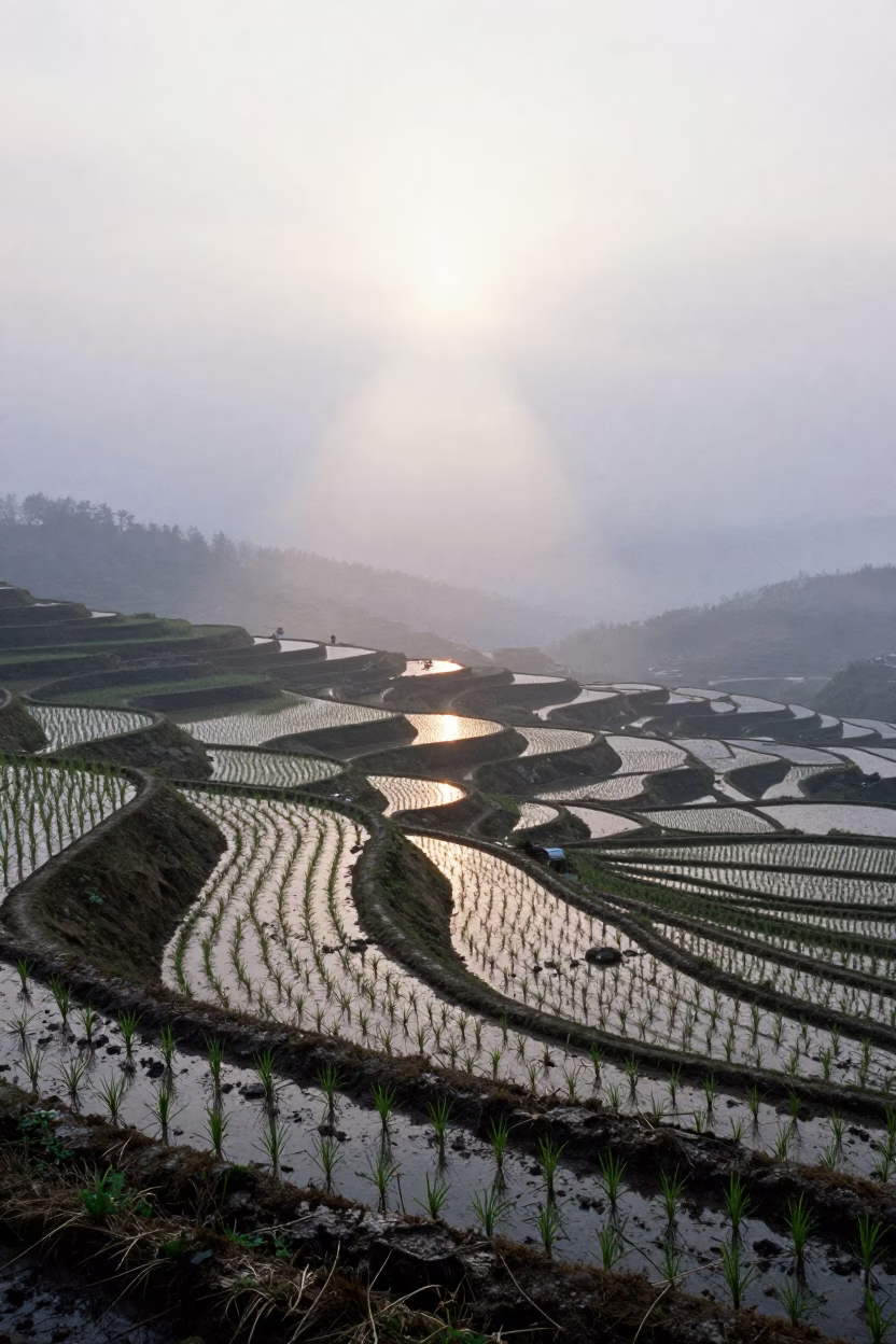 Fog Bow Over Terraced Rice Paddies at Dawn in among terraced rice paddies in Wenzhou