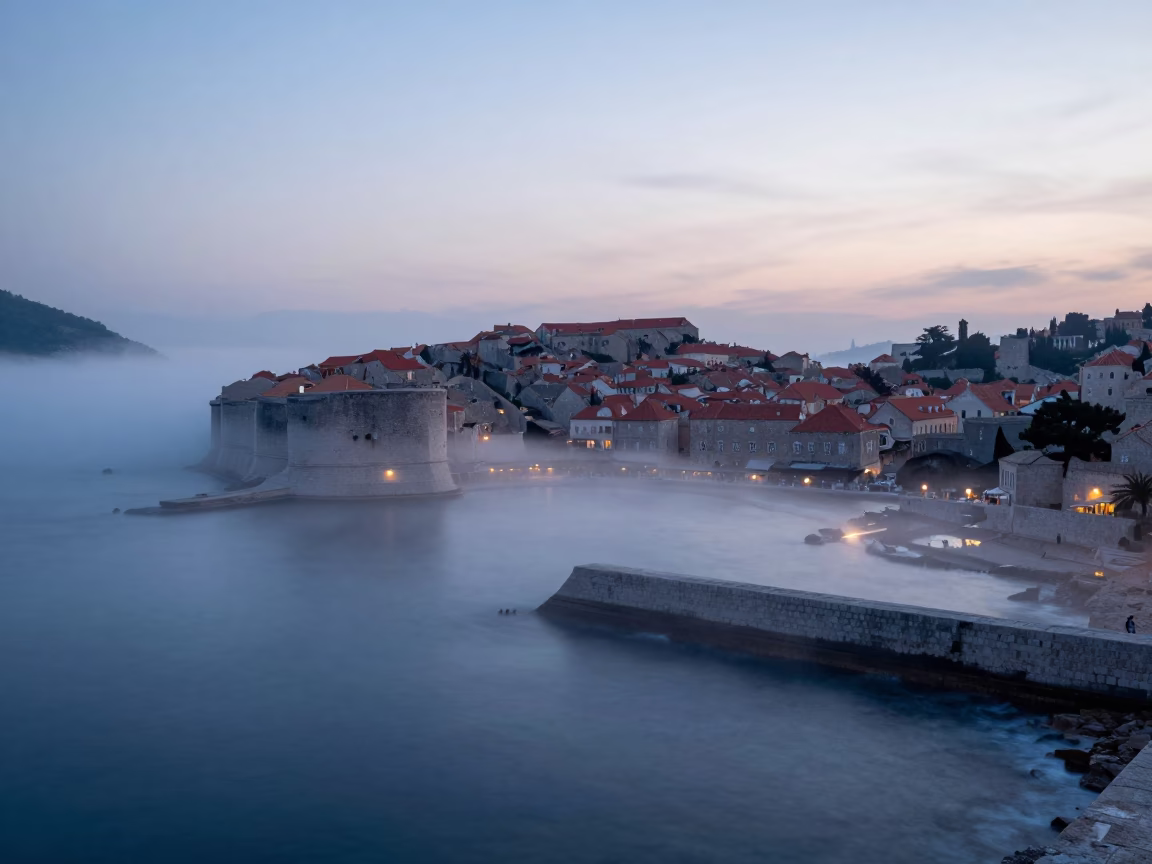 Fog Crawling in Dubrovnik at The Still Hours Before Dawn Light in in Dubrovnik, Croatia