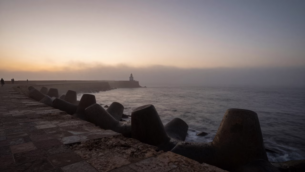 Fog Crawling in Essaouira at The Still Hours Before Dawn Light in in Essaouira, Morocco