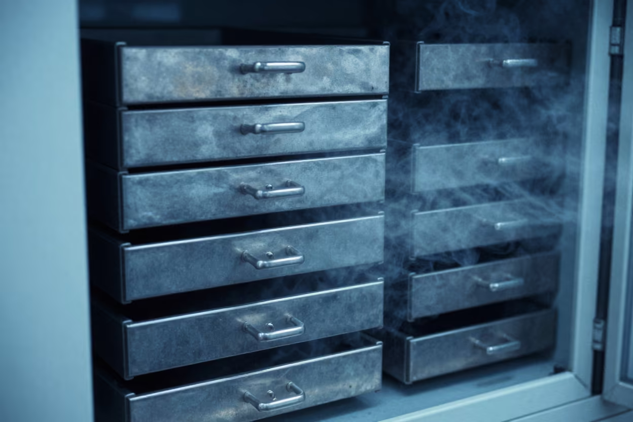 Fog Drifts Around Specimen Drawers in in a specimen archive room in Acarigua