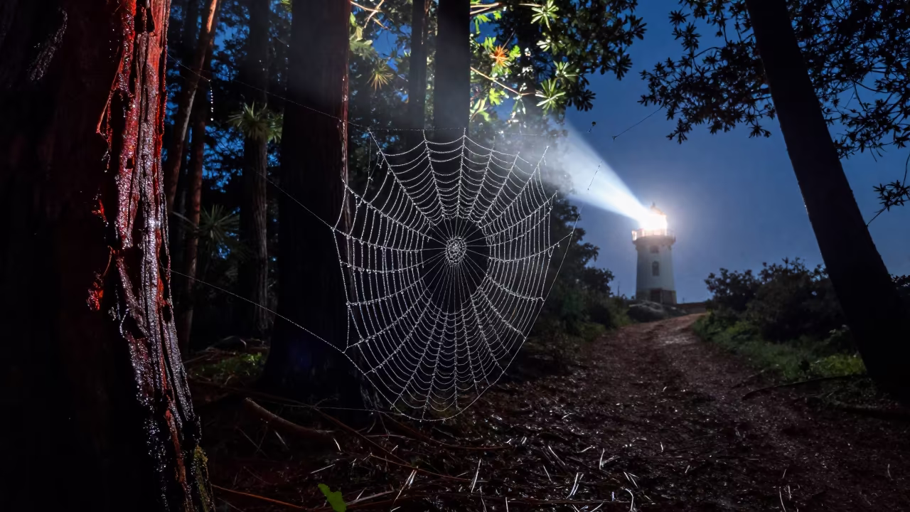 Fog Drip on Spider Web in Redwood Grove Night in along a game trail in Israel