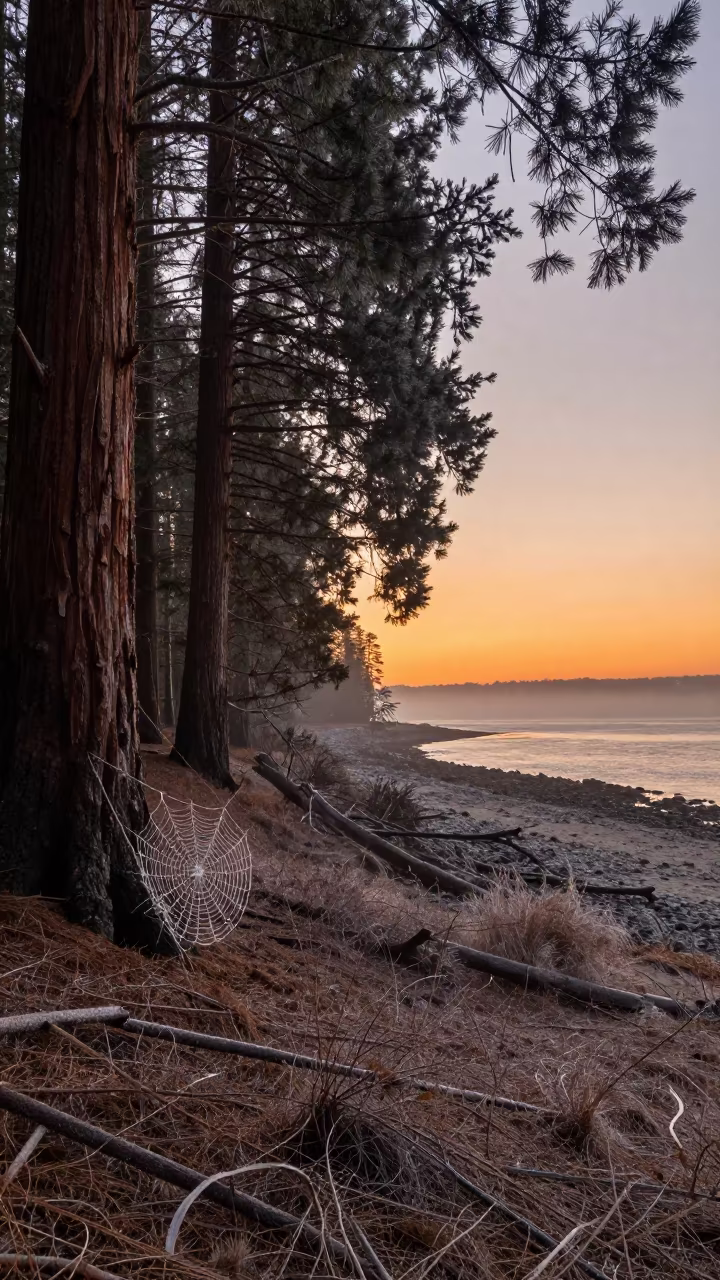 Fog Drip on Spider Web in Redwood Grove in beside a tidal inlet near Taranto