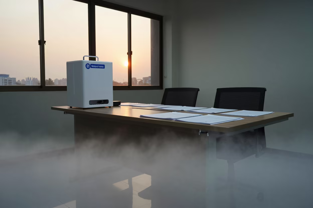 Fog-Filled Boardroom Tote at Sunset in at a boardroom table before a meeting near Menteng, Jakarta