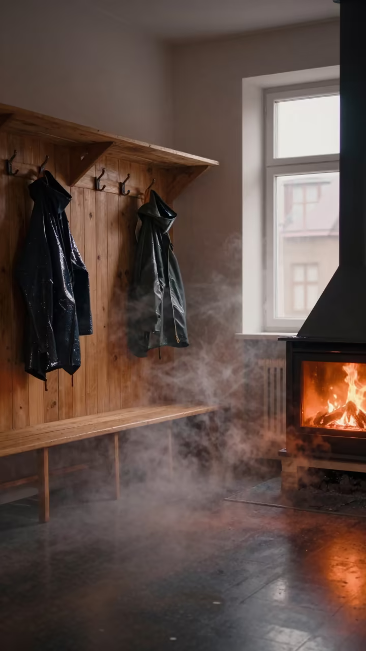 Fog Filled Mudroom Evening in Gliwice in by a crackling fireplace in Gliwice