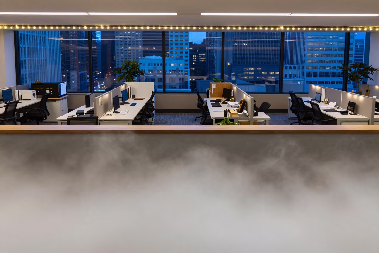 Fog-Filled Office Bullpen at Blue Hour in at an office reception desk in Pittsburgh