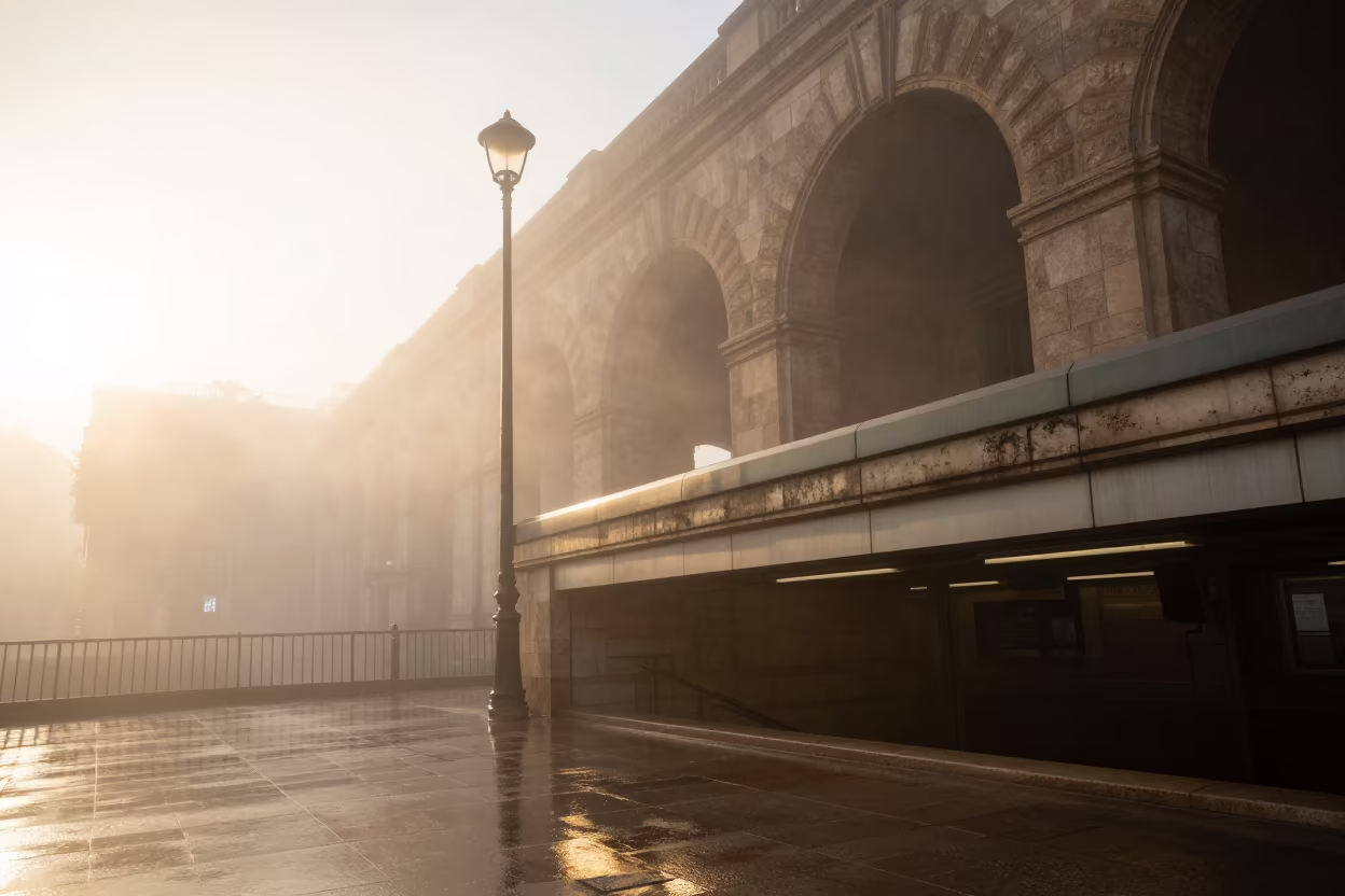 Fog and Lamp Reflection in Medina Underpass in outside a metro entrance in Medina
