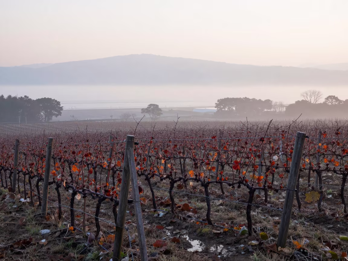 Fog Lifts Over Autumn Vineyard at Dawn in between vineyard trellises near Tsuruhashi, Osaka