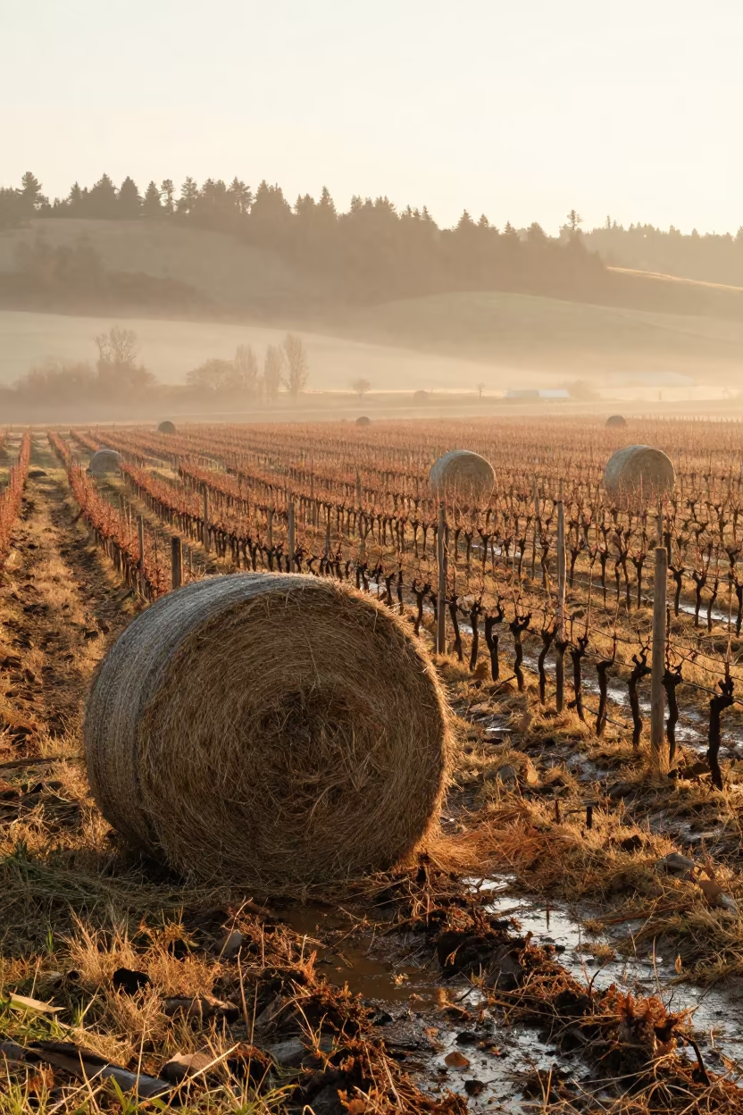 Fog Lifts Over Oregon Vineyard at Sunrise in beside stacked hay bales in Oregon