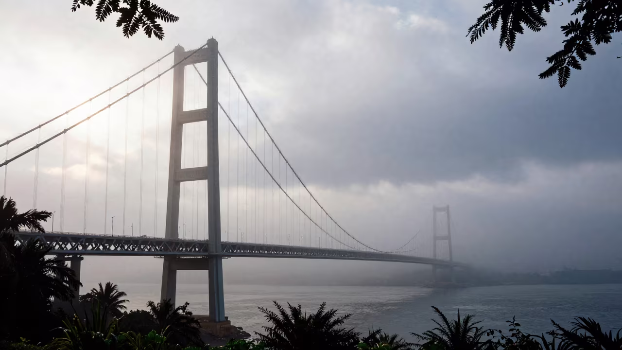 Fog Rolling Over Bridge Towers Algeria in over a horizon of stacked thunderheads in Algeria