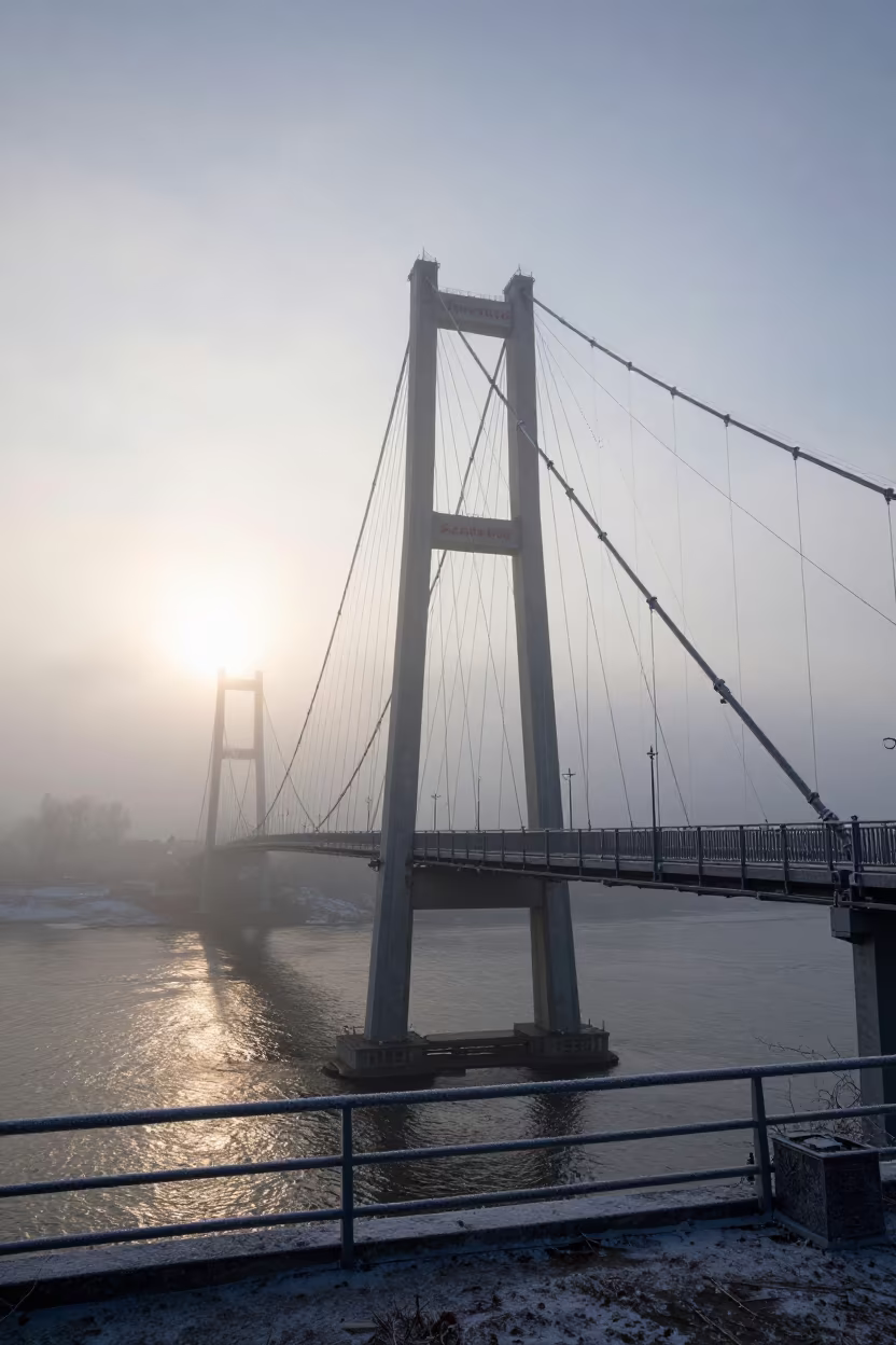 Fog Rolls Through Bridge Towers in Winter Afternoon in in Himachal Pradesh