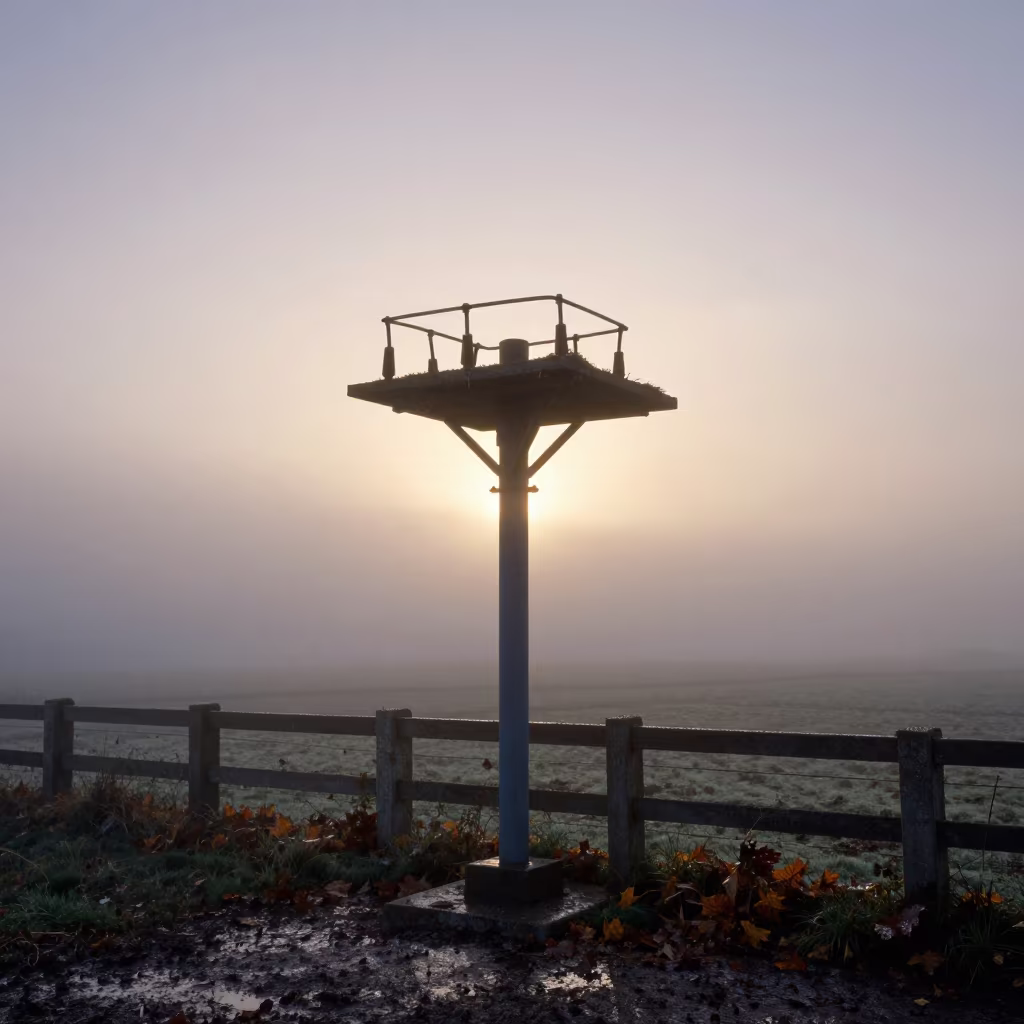 Fog Shelf Silhouette Autumn Morning Brittany Fence in along a muddy paddock fence in Brittany