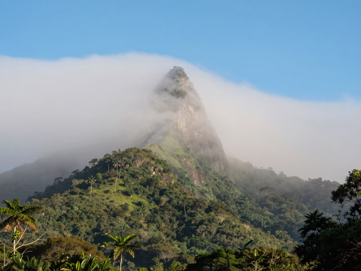 Fog Trapped Below Salvador Mountain Peak in through low marine fog near Salvador