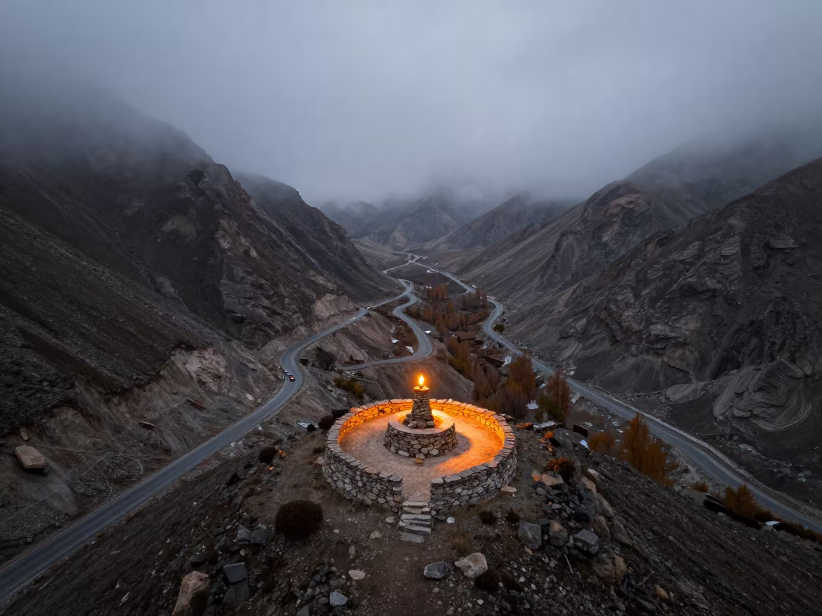 Fog Winding Mountain Pass Leh Summit Cairn in beside a summit cairn above the tree line near Leh