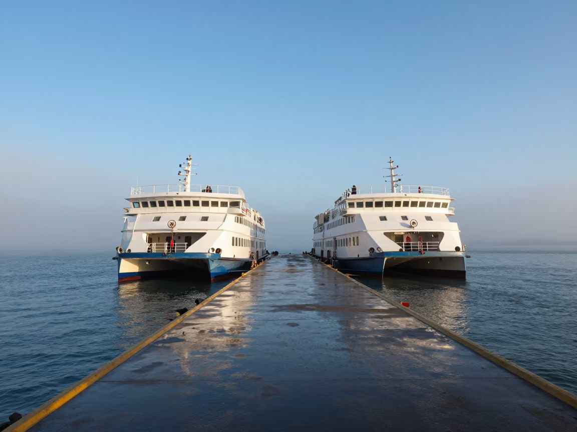 Fogbound Catamaran Ferry Dar es Salaam Harbor in beside a fogbound harbor mouth near Dar es Salaam