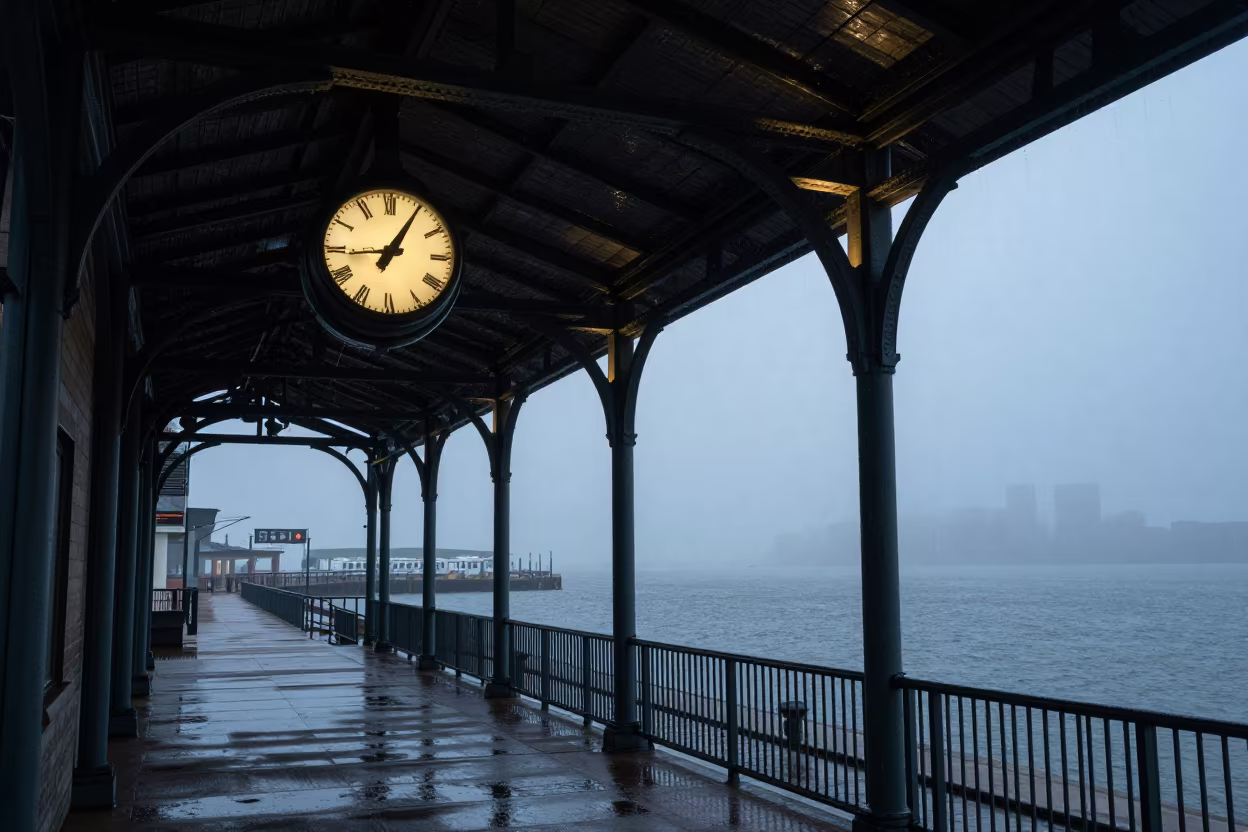 Fogbound Harbor Clock Under Iron Roof in beside a fogbound harbor mouth near Philadelphia