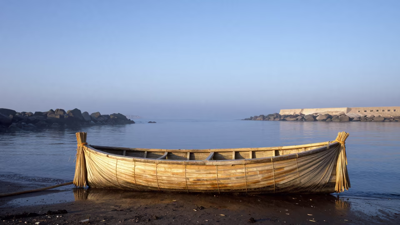 Fogbound Harbor Dawn with Reed Boat in beside a fogbound harbor mouth in Oman