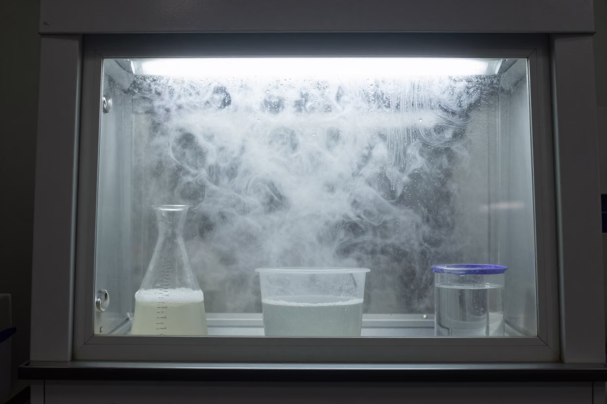 Fogged Fume Hood in Kyiv Fossil Lab in in a fossil prep lab in Kyiv