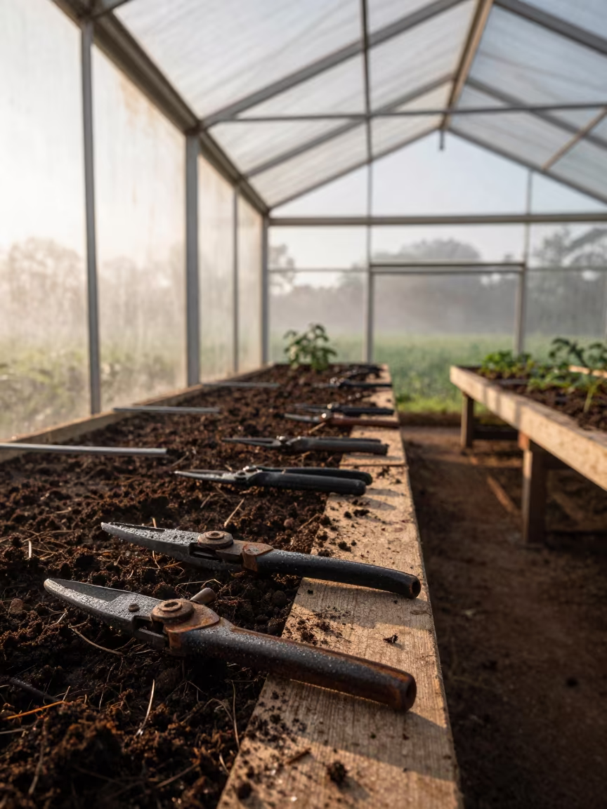 Fogged Greenhouse Potting Bench at Dawn in under translucent greenhouse roofing in Paraná