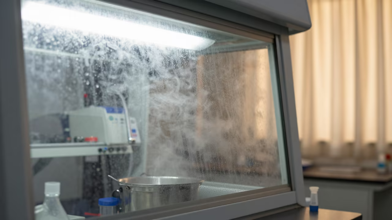 Fogged Lab Window Boiling Solvent Close-Up in at an engineering workbench near Victoria Seychelles