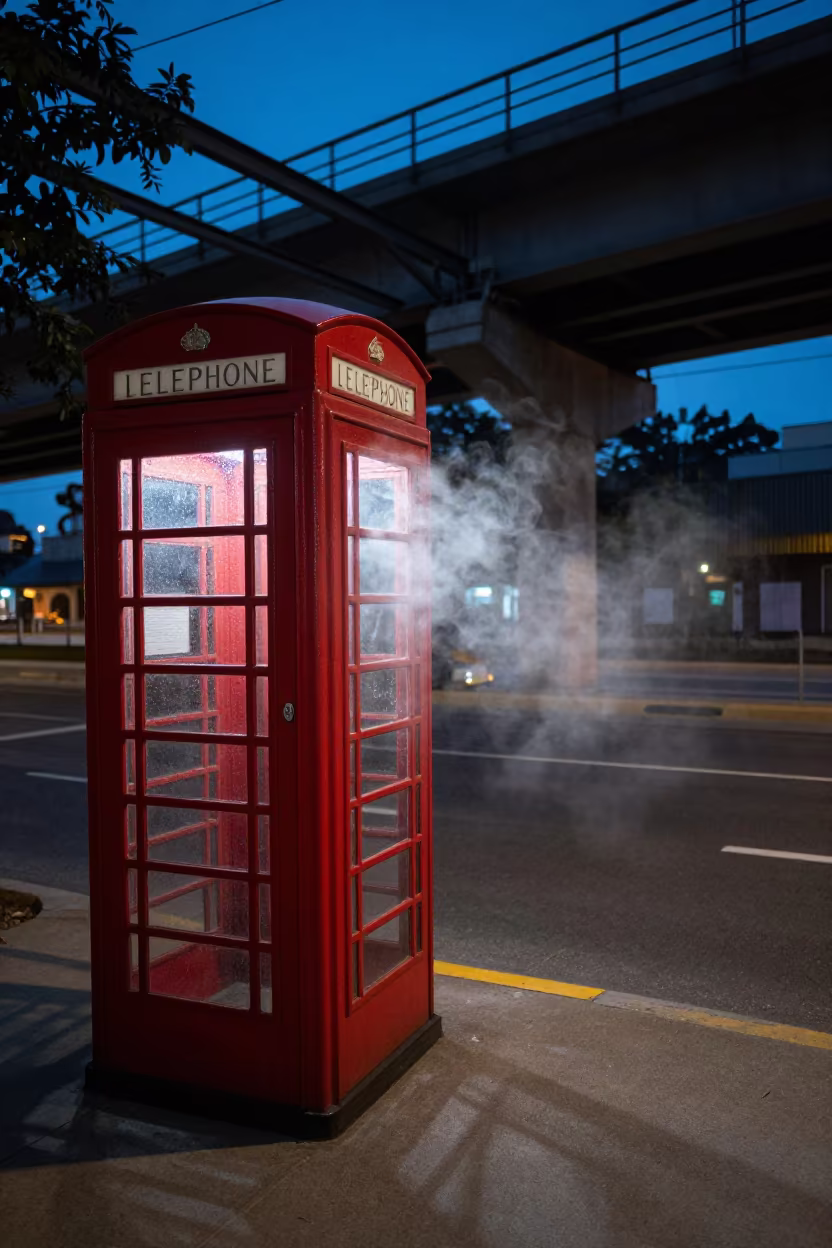 Fogged Phone Booth Under Lichinga Train Line in under an elevated train line in Lichinga