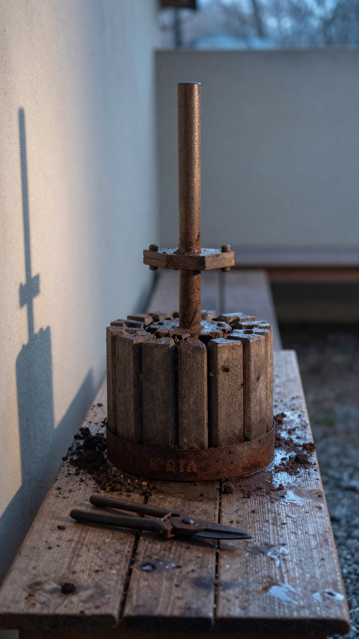Fogged Potting Bench with Rusted Shears in inside a village olive press in Bata