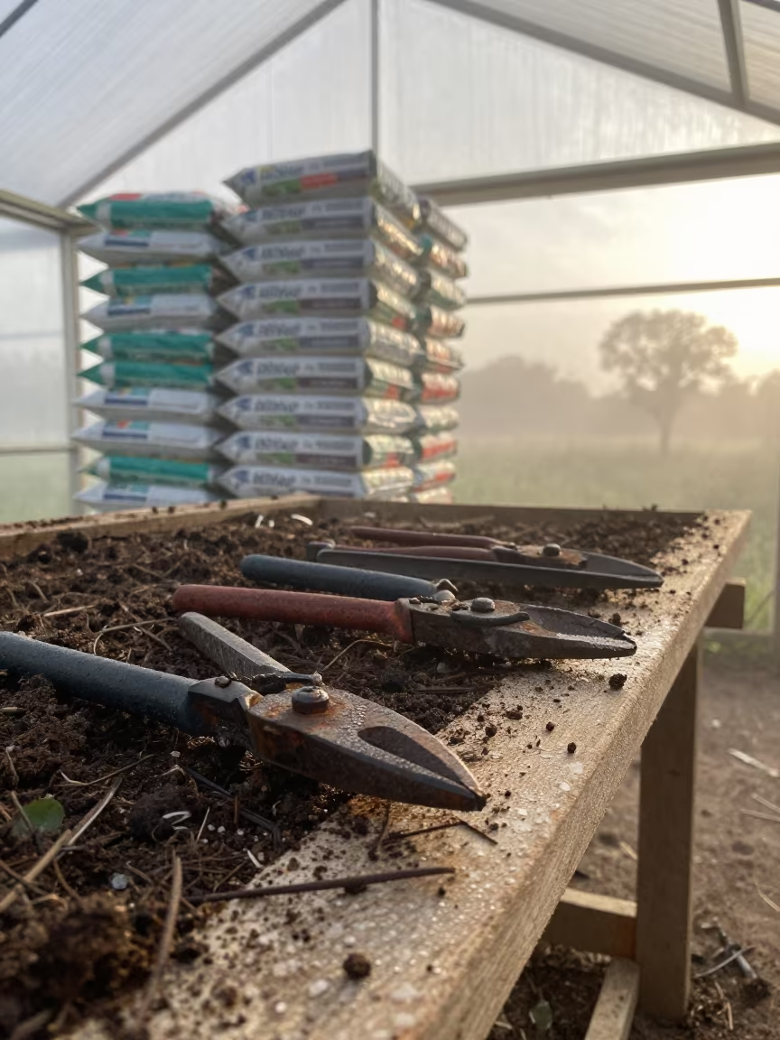 Fogged Potting Bench with Rusty Shears in Ceará Shed in inside a machine shed with seed bags stacked high in Ceará