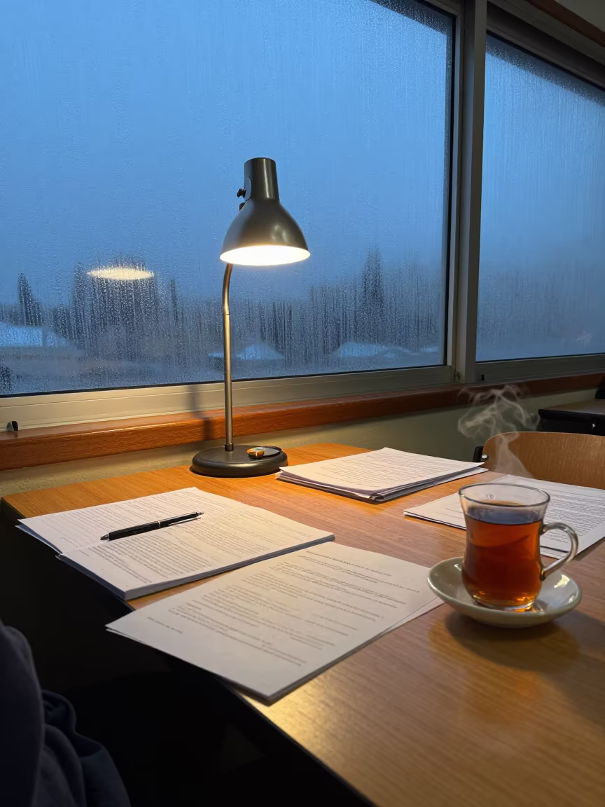 Fogged Seminar Window in El Alto Blue Hour in at a seminar table covered in notes near El Alto