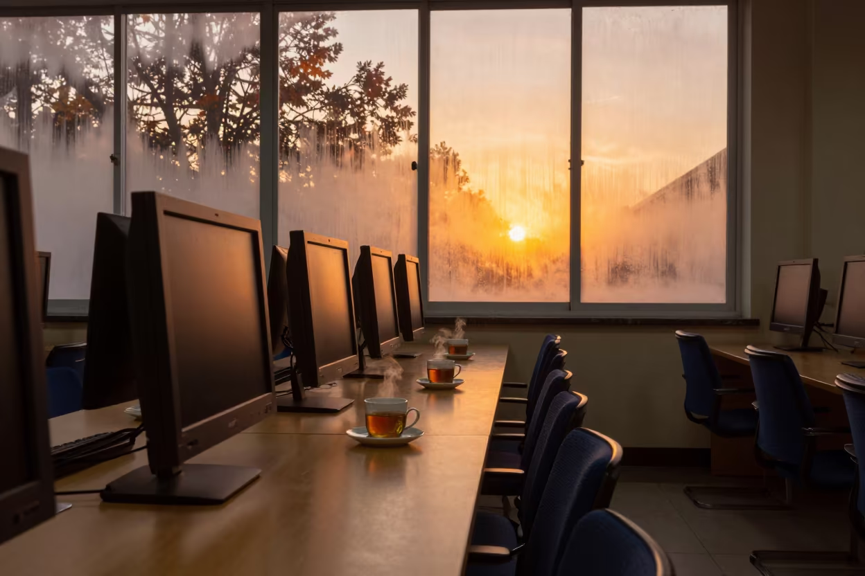 Fogged Seminar Window Sunset Autumn Light in in a computer lab before lessons in Lqliâa
