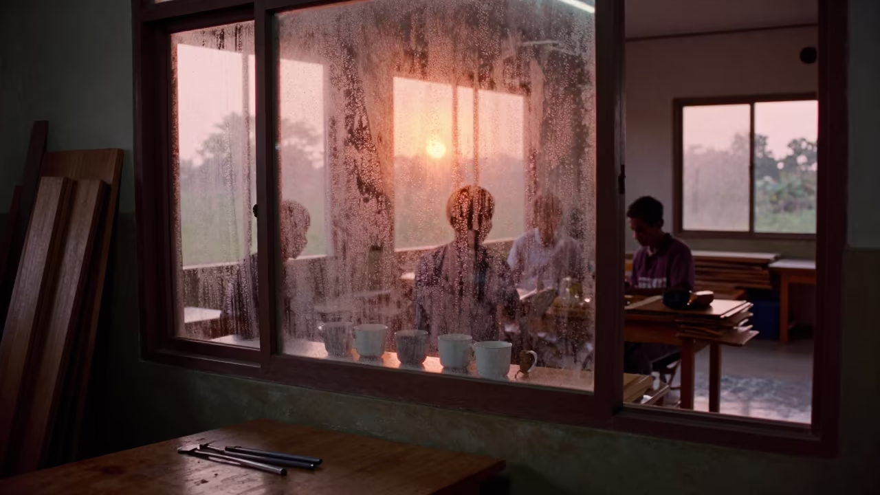 Fogged seminar window woodshop Taunggyi rain season in in a woodshop classroom in Taunggyi
