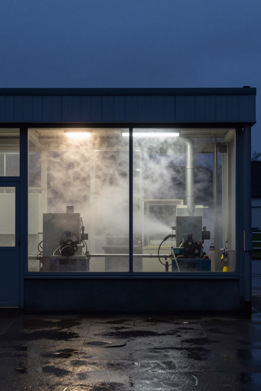 Fogged Window in Dortmund Machine Shop Night in in a machine shop near Dortmund