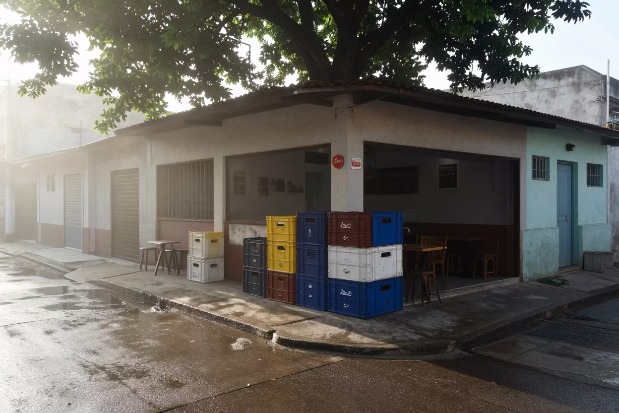 Foggy Alley with Crates Near Maceio Cafe in outside a corner cafe in Maceio