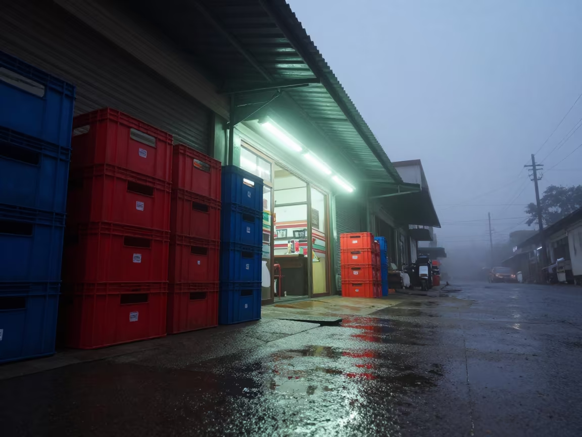 Foggy Alley with Crates Outside Surat Store in outside a fluorescent convenience store in Surat
