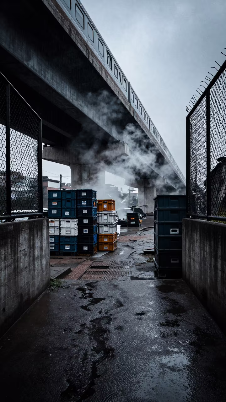 Foggy Alley Under Train Line in Siguiri in under an elevated train line in Siguiri