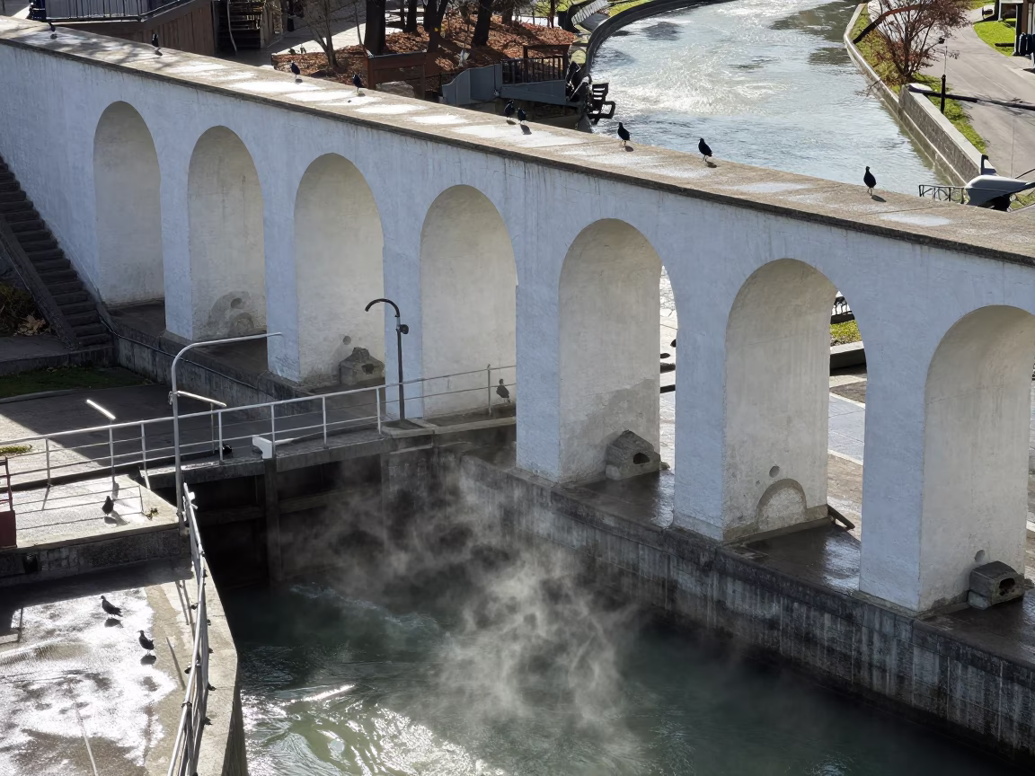 Foggy Aqueduct Arcade Over Canal Lock in Tbilisi in at a canal lock chamber in Tbilisi