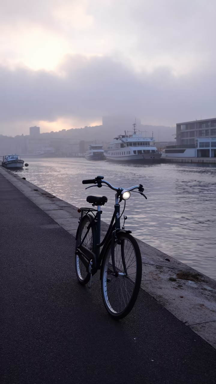 Foggy Canal Path Bicycle at Harbor Mouth in beside a fogbound harbor mouth near Marseille