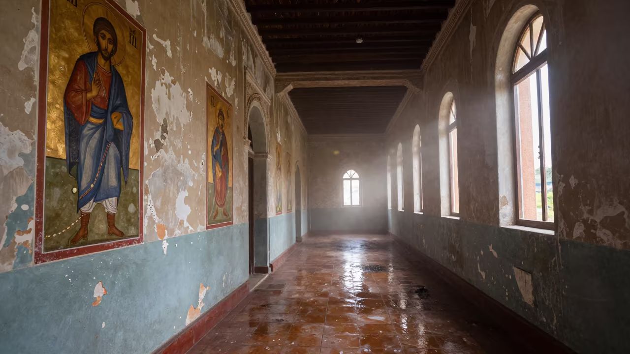 Foggy Chapel Corridor Antsirabe Ruin in along a derelict corridor with peeled paint and pooled water in Antsirabe
