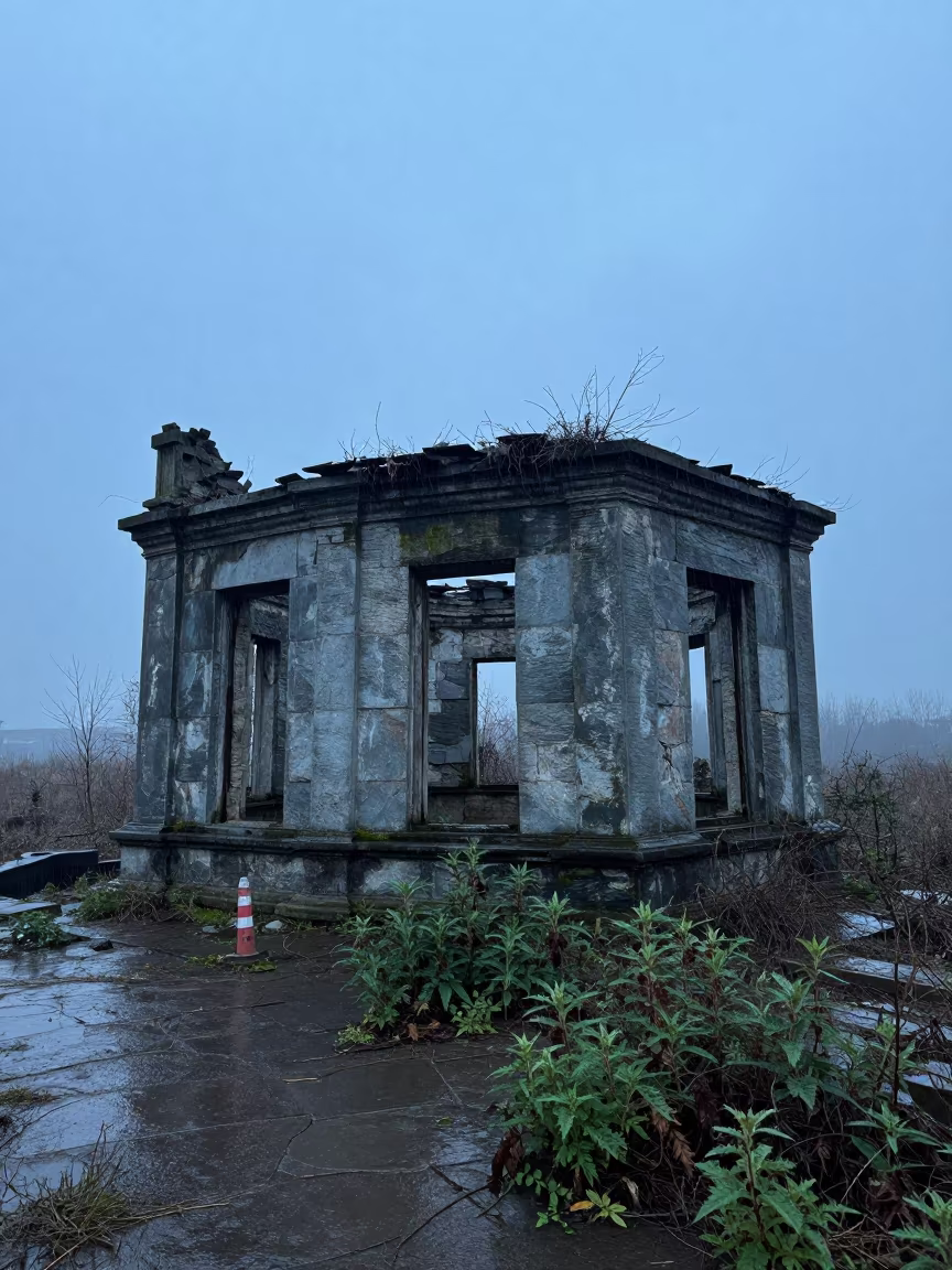 Foggy Chapel Ruin in Pyongyang Winter Rain in through an abandoned ceremonial court near Pyongyang