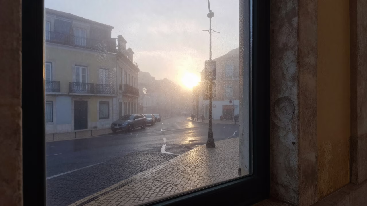 Foggy Dawn Street Scene in Lisbon with Fingerprinted Window and Scooter in in Lisbon, Portugal